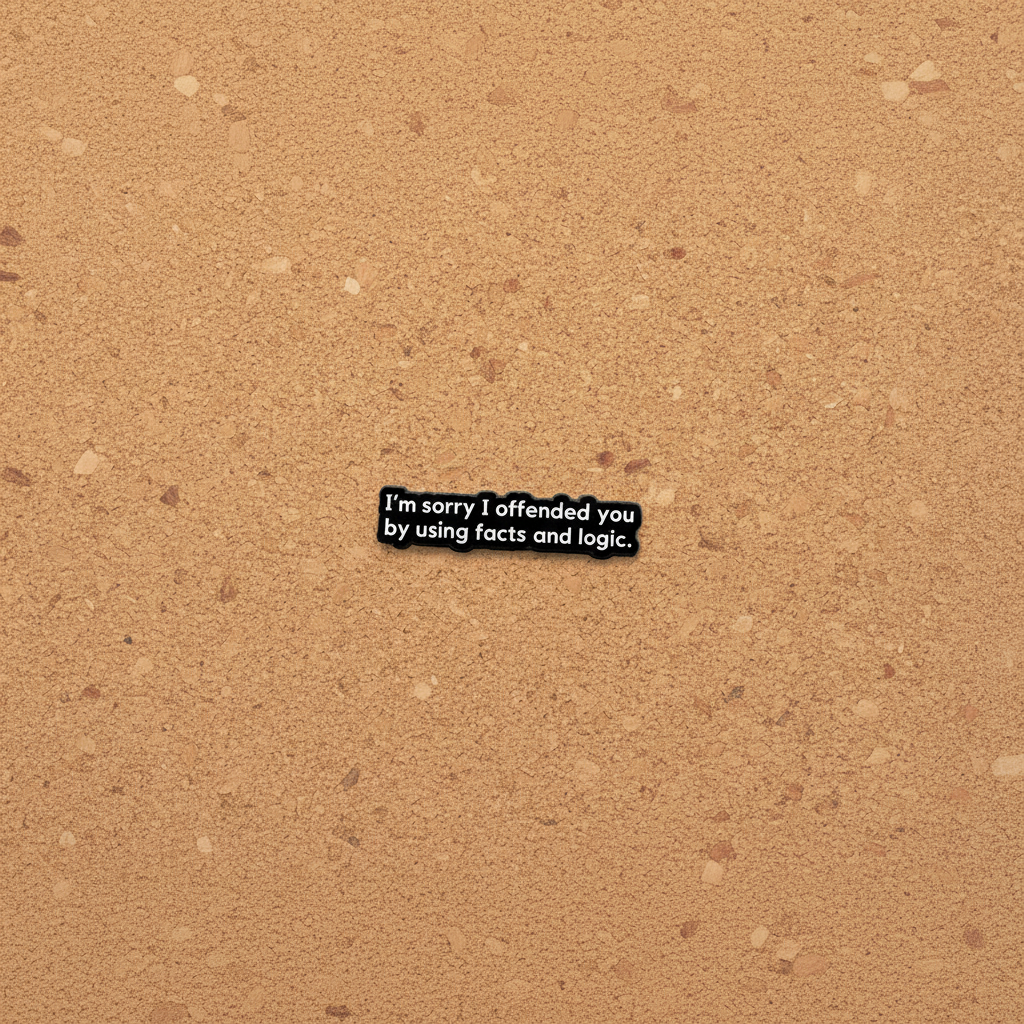 I'm sorry i offended you by using facts and logic enamel pin displayed on cork board sassy enamel pin for collectors and display