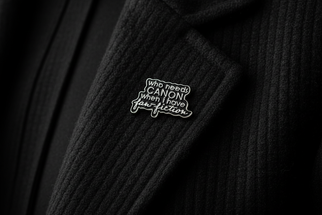 a black enamel pin with gold text on a black lapel background