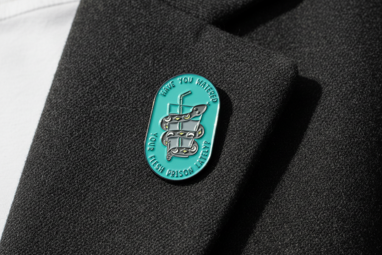 a teal pin with a snake and water on a lapel background
