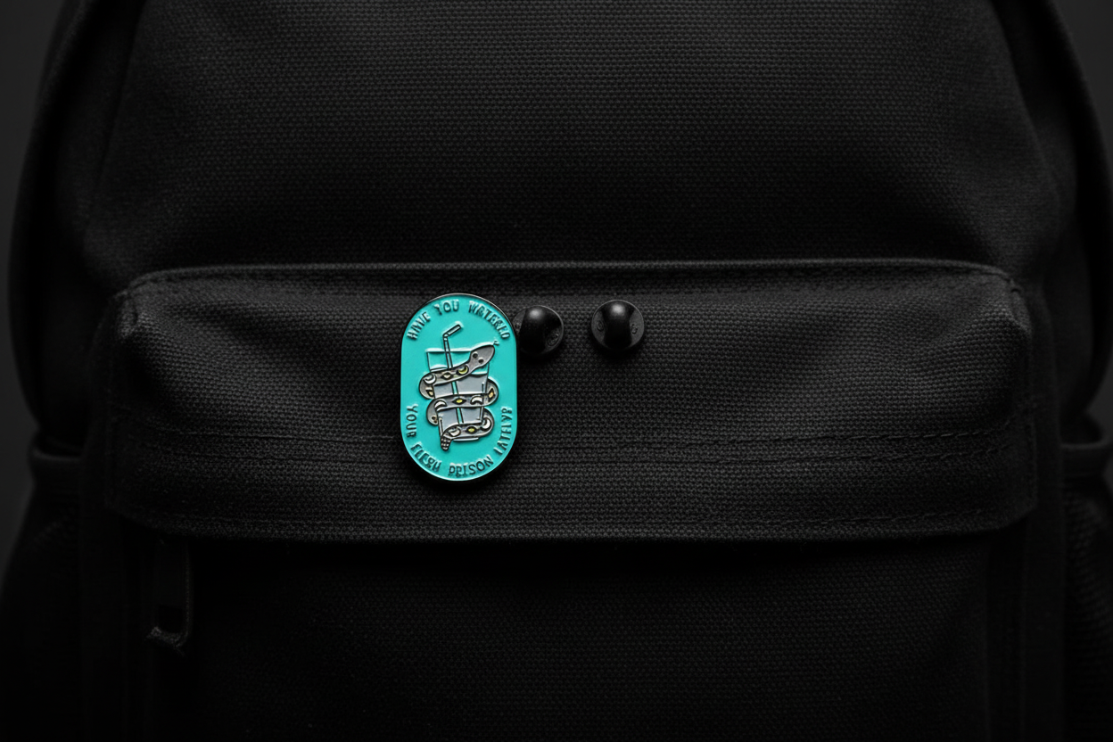 a teal pin with a snake and water on a bookbag background
