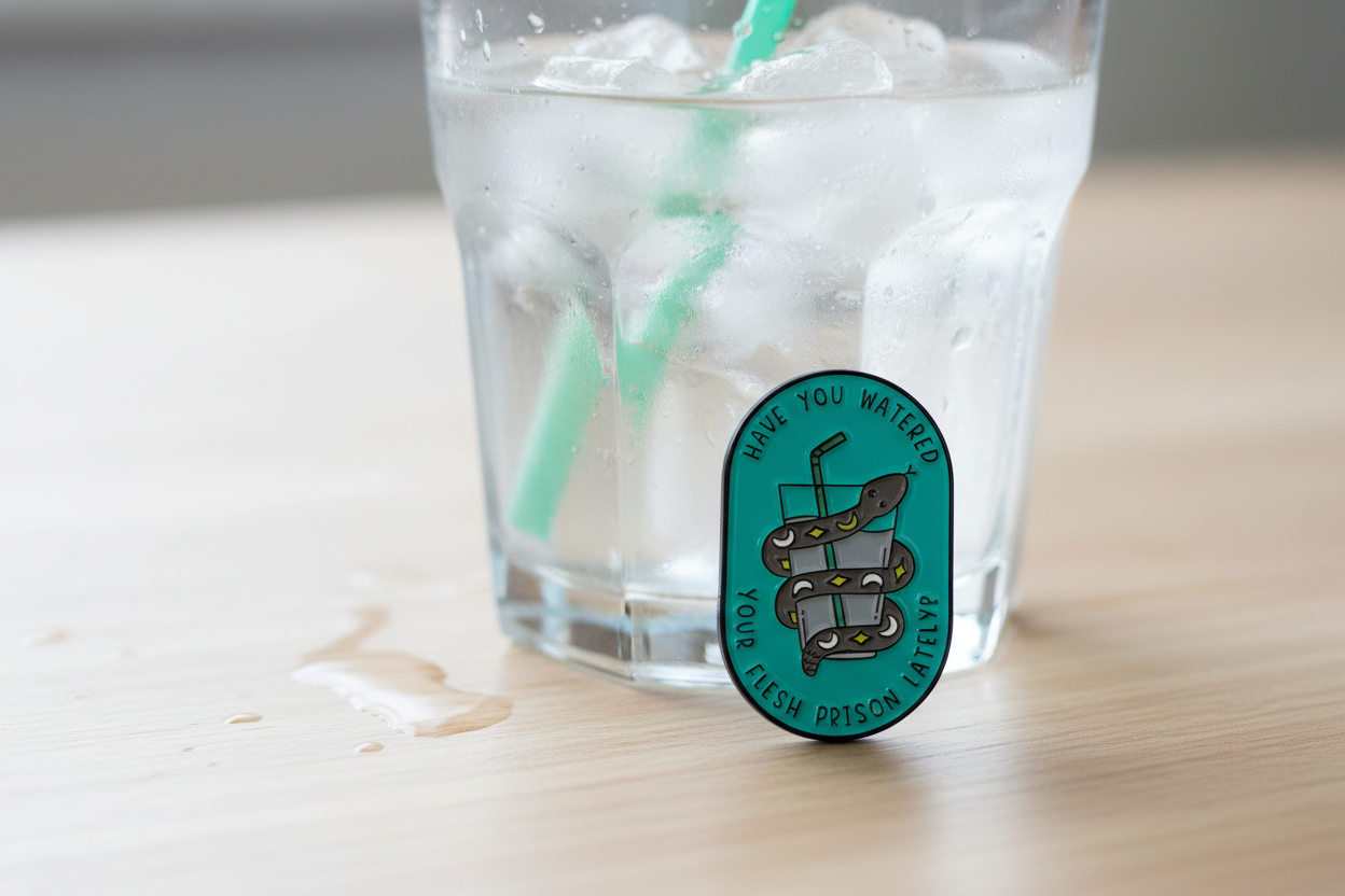 a teal pin with a snake and water on a glass of water background