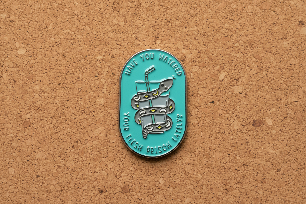 a teal pin with a snake and water on a cork background