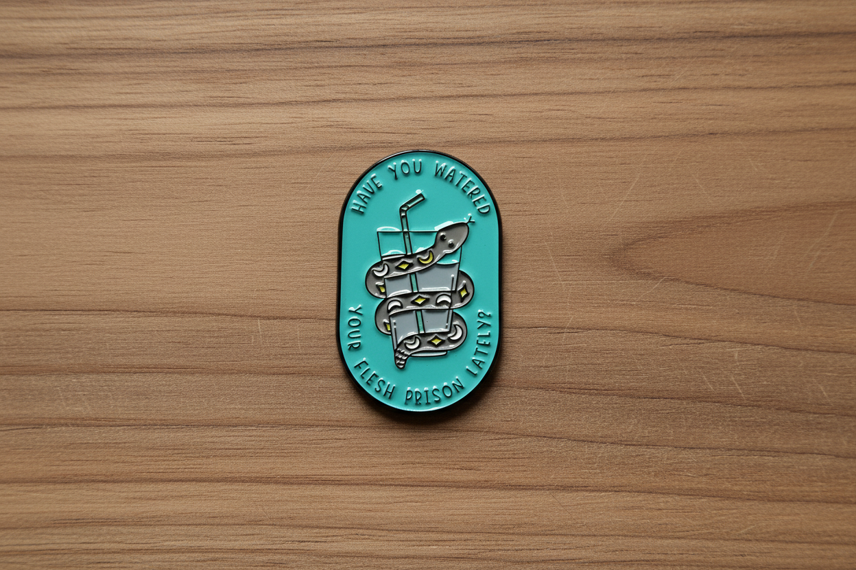 a teal pin with a snake and water on a wood background