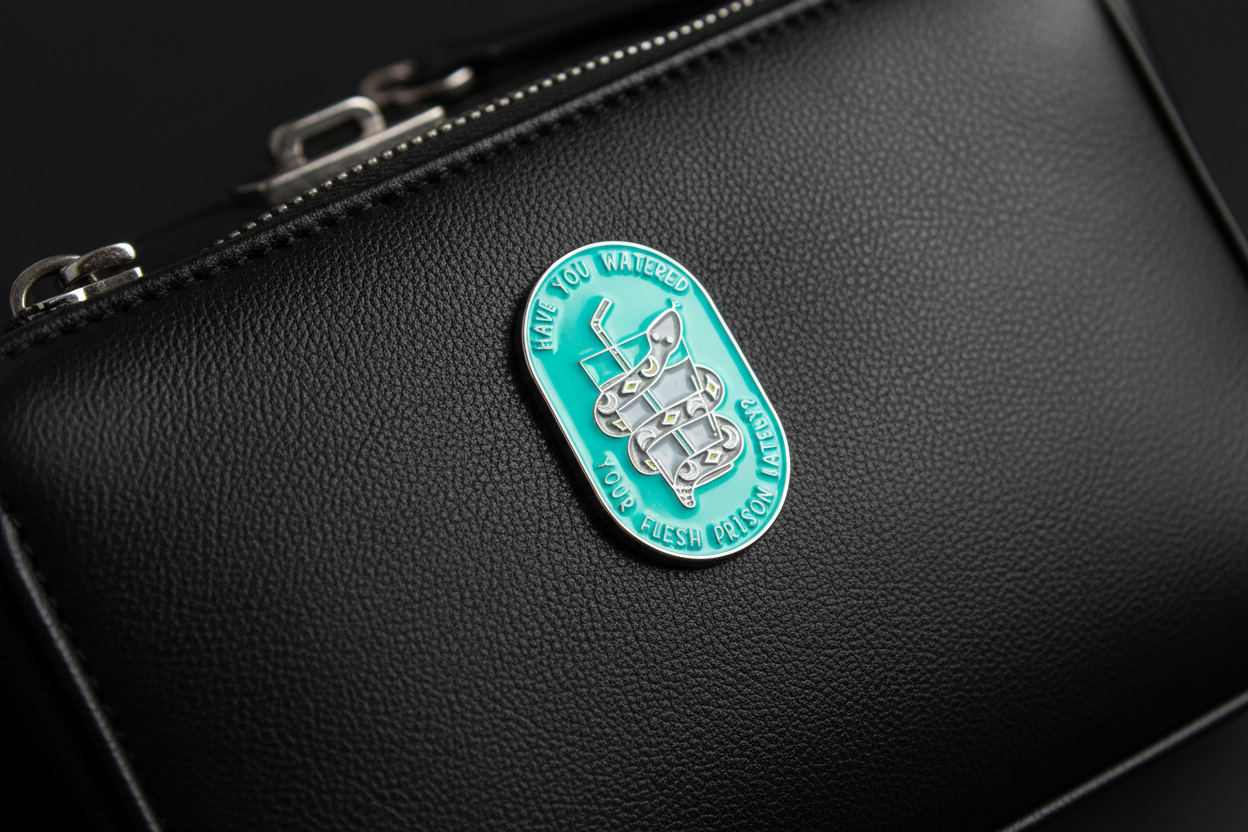 a teal pin with a snake and water on a  black purse background