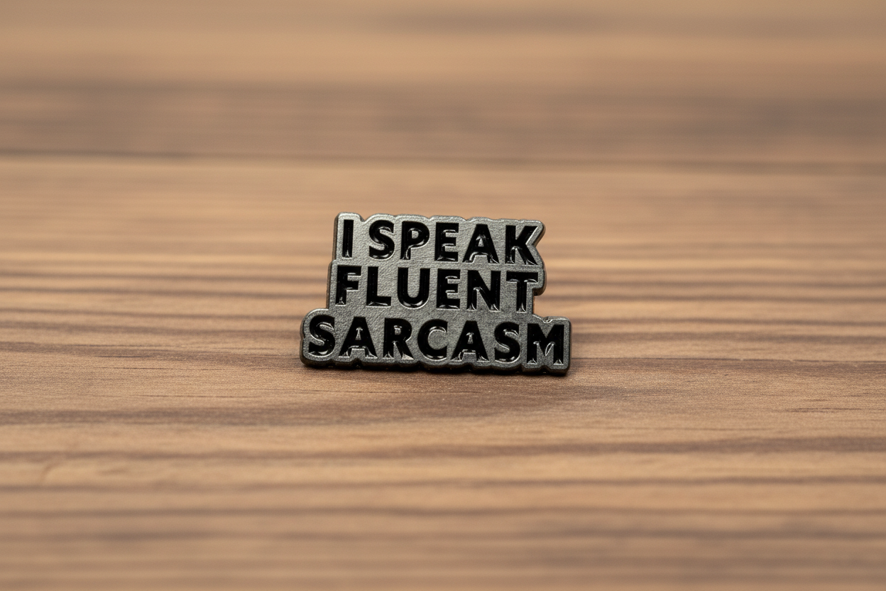 Metallic badge with 'I speak fluent sarcasm' text on a wood background