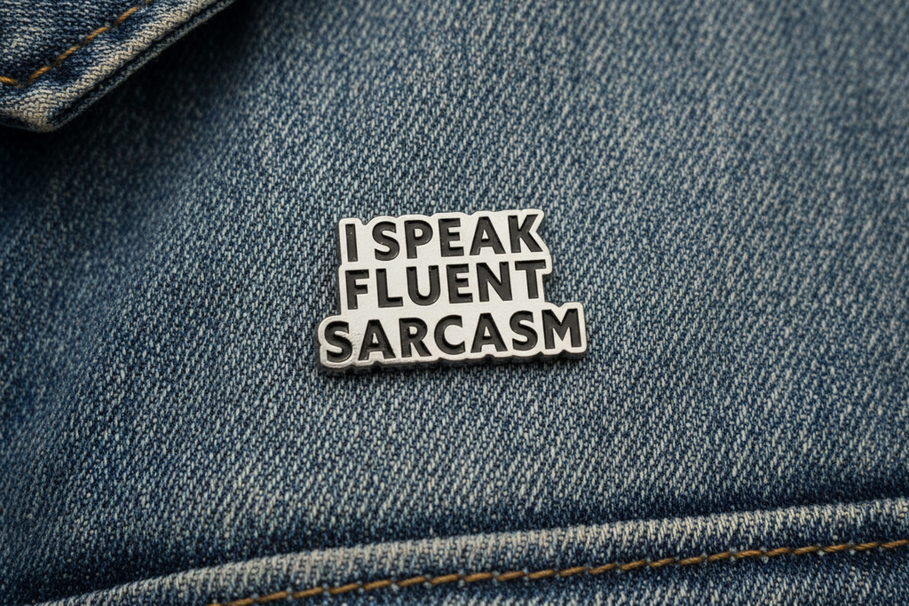 Metallic badge with 'I speak fluent sarcasm' text on a denim background