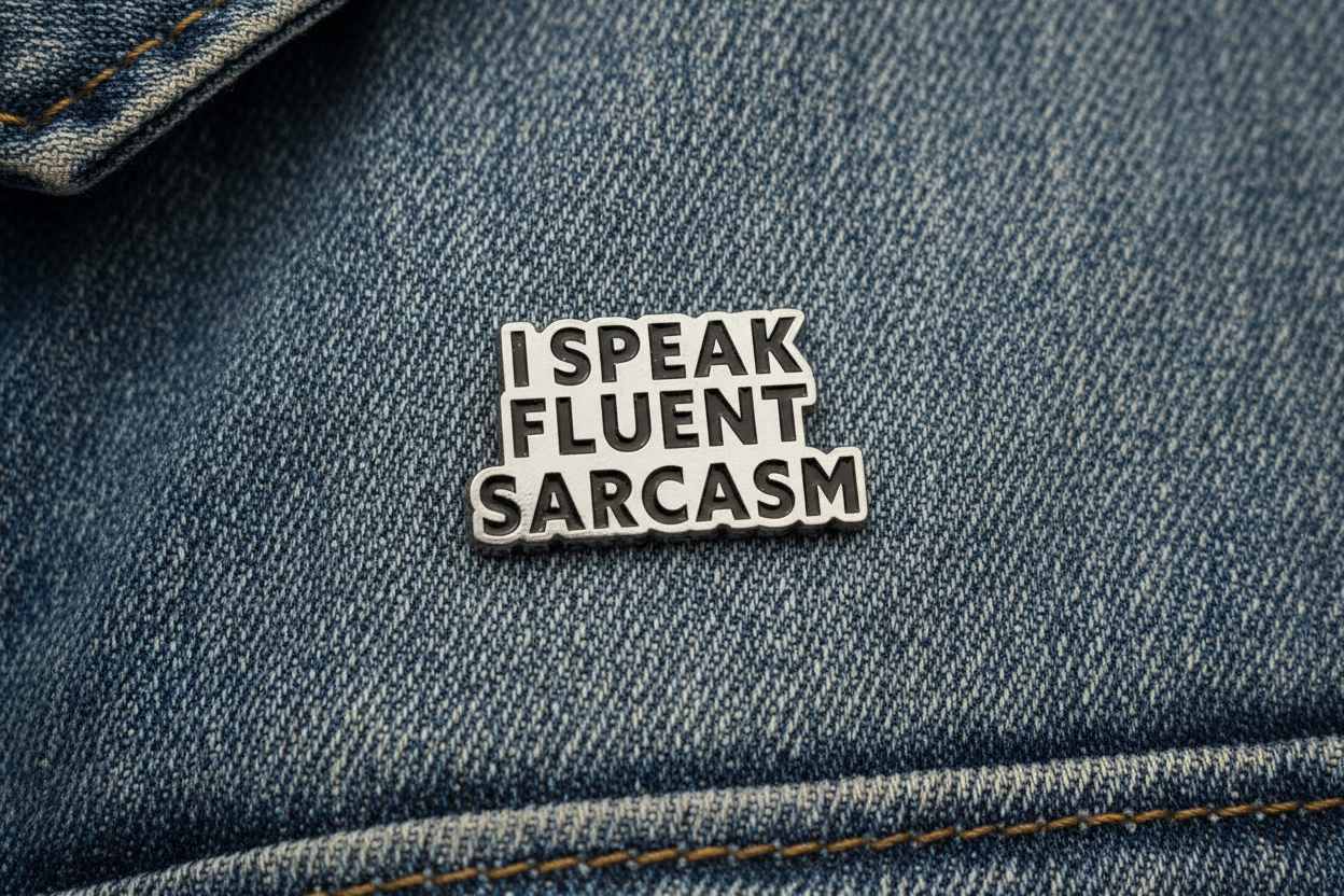Metallic badge with 'I speak fluent sarcasm' text on a denim background