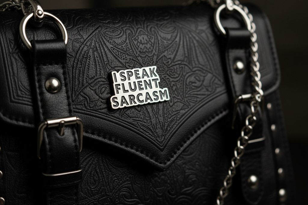 Metallic badge with 'I speak fluent sarcasm' text on a black purse background