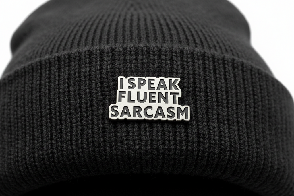Metallic badge with 'I speak fluent sarcasm' text on a black beanie background