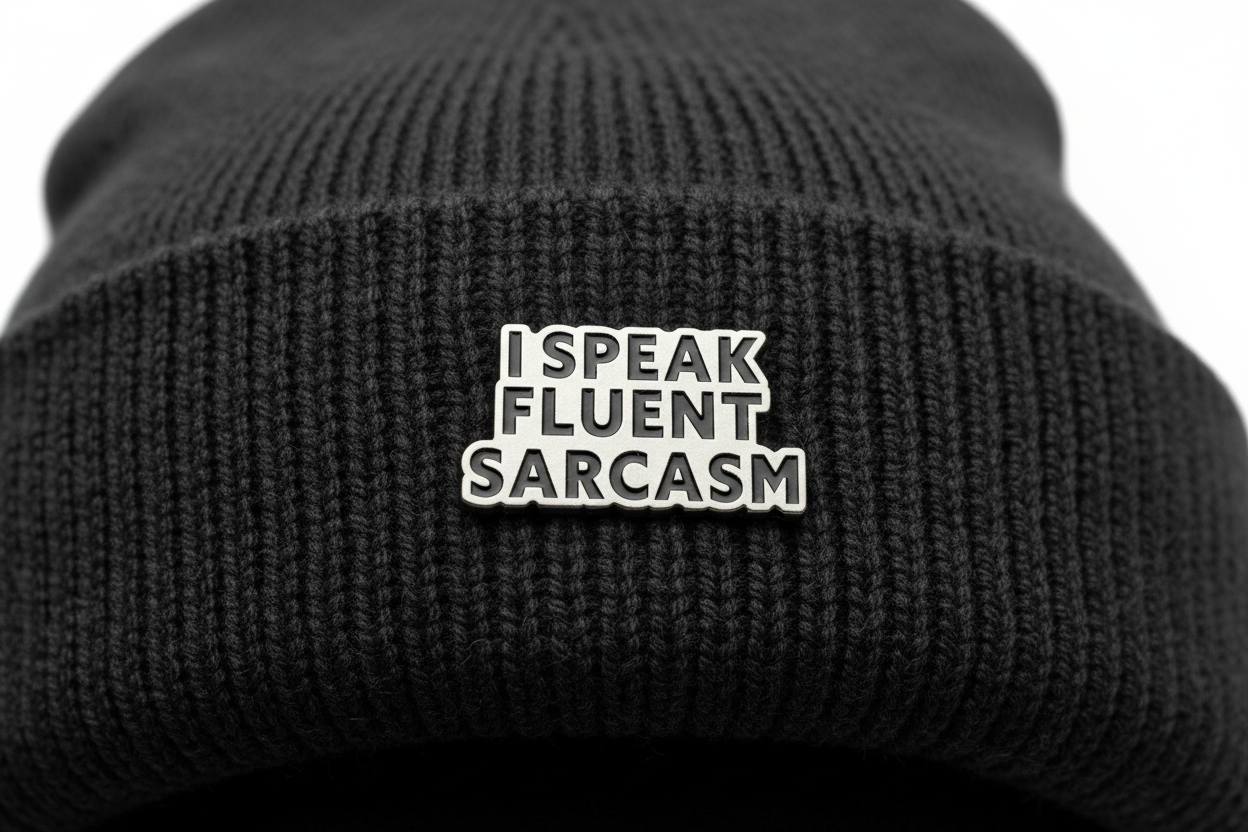 Metallic badge with 'I speak fluent sarcasm' text on a black beanie background