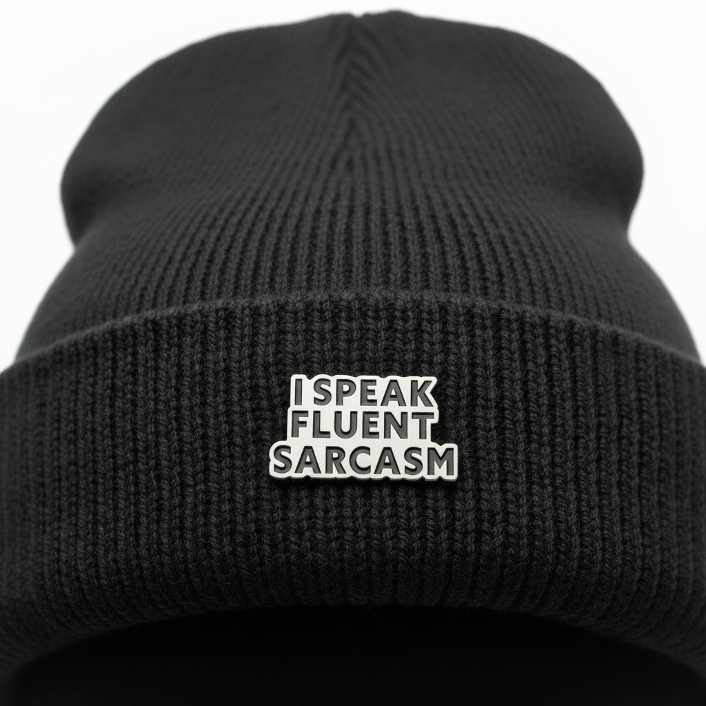 I speak fluent sarcasm enamel pin worn on beanie hat millenial enamel pin for casual outfits and street wear
