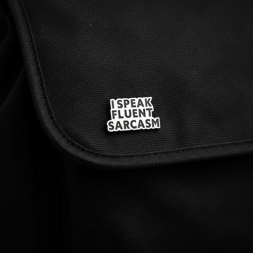 I speak fluent sarcasm enamel pin on backpack sarcastic accessory for customizing bags and school gear