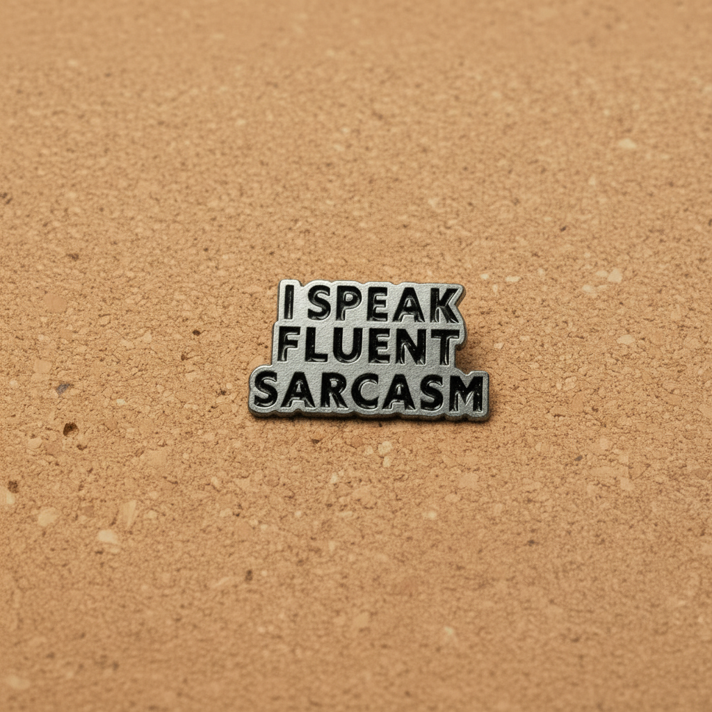 I speak fluent sarcasm enamel pin displayed on cork board sassy enamel pin for collectors and display