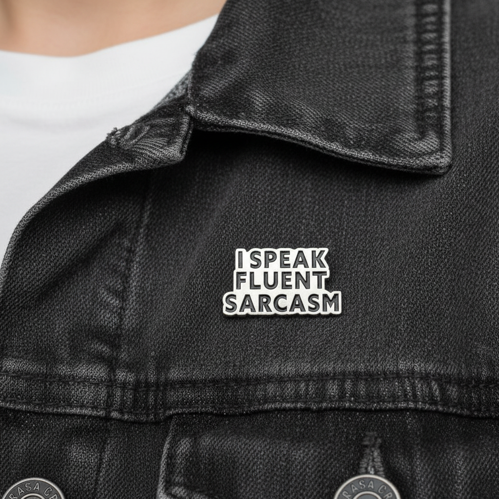 I speak fluent sarcasm enamel pin worn on jacket lapel, funny pin style for everyday wear