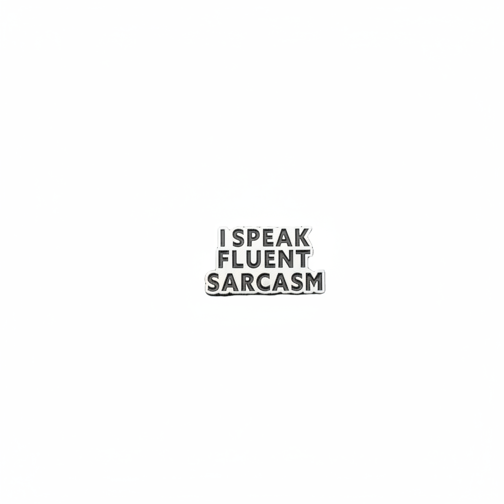 I speak fluent sarcasm enamel pin featuring silver and black text design, style gift for jackets and bags