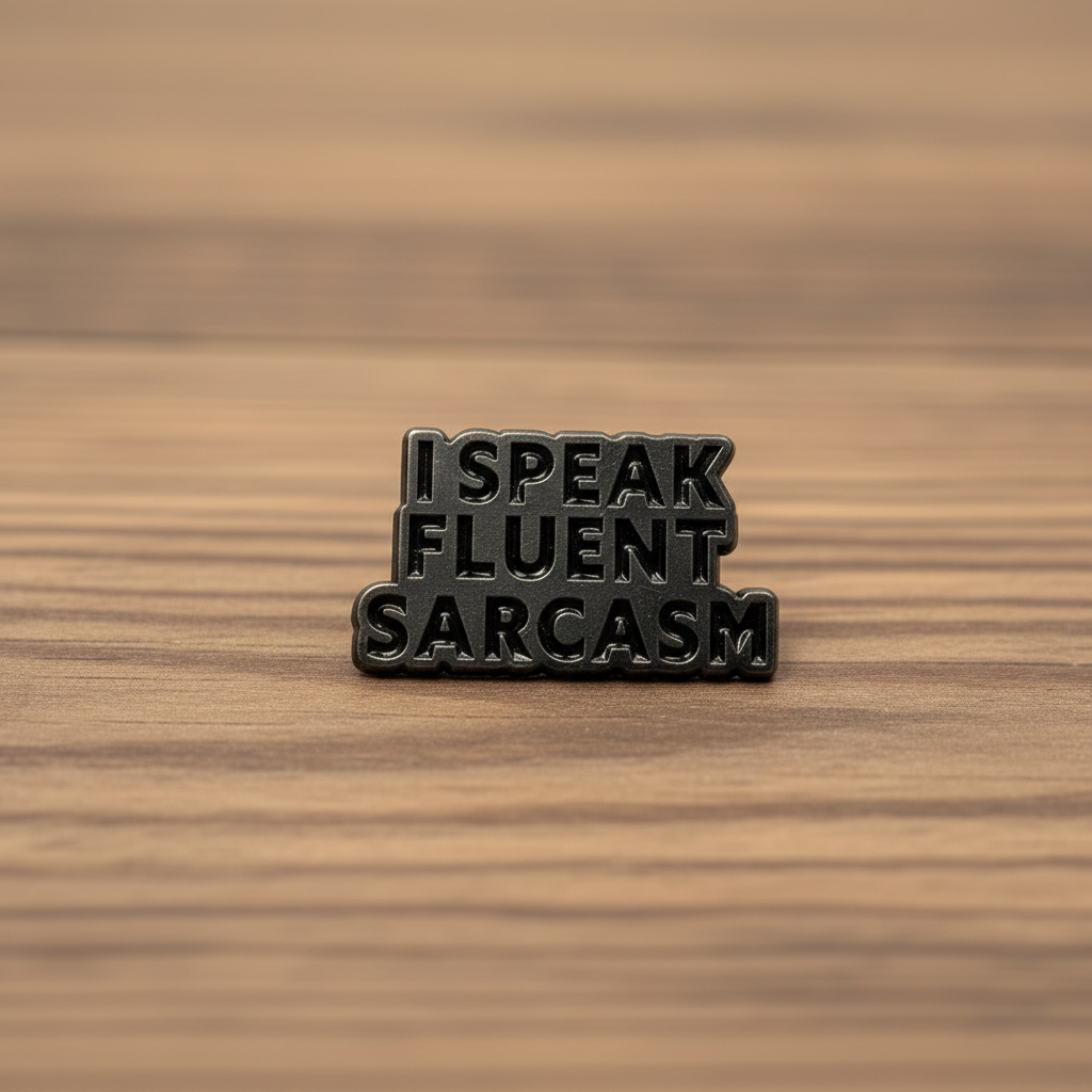 I speak fluent sarcasm badge on wood background alternative enamel pin with black text detail