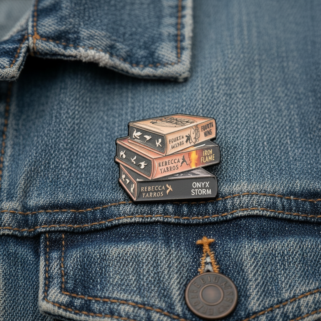 Fourth wing book enamel pin worn on jacket lapel, romantasy pin style for everyday wear