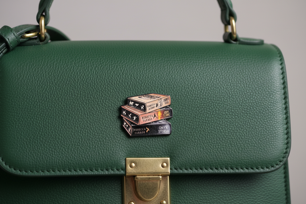Three decorative square-shaped objects on a light surface with a textured green purse