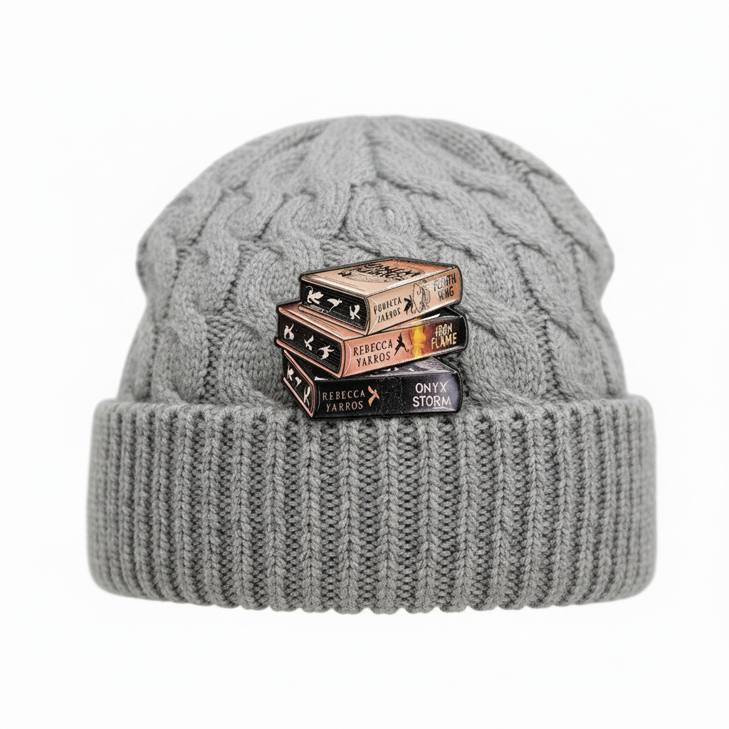 Fourth wing enamel pin worn on beanie hat alternative enamel pin for casual outfits and street wear