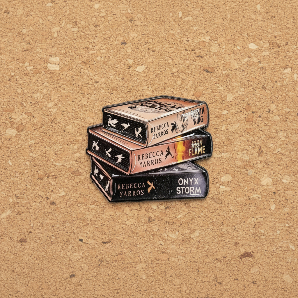 fourth wing enamel pin displayed on cork board book enamel pin for collectors and display
