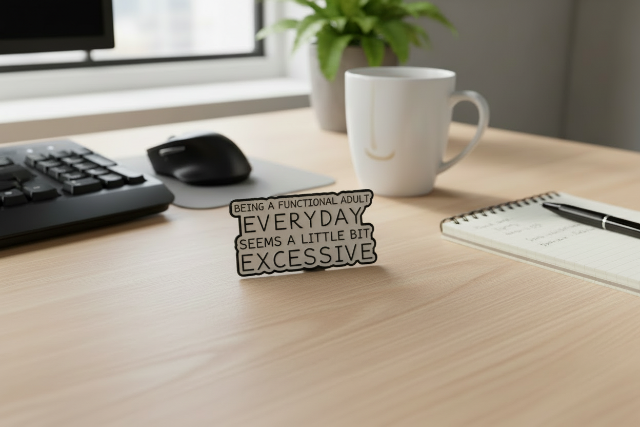 Metallic badge with text on a desk background