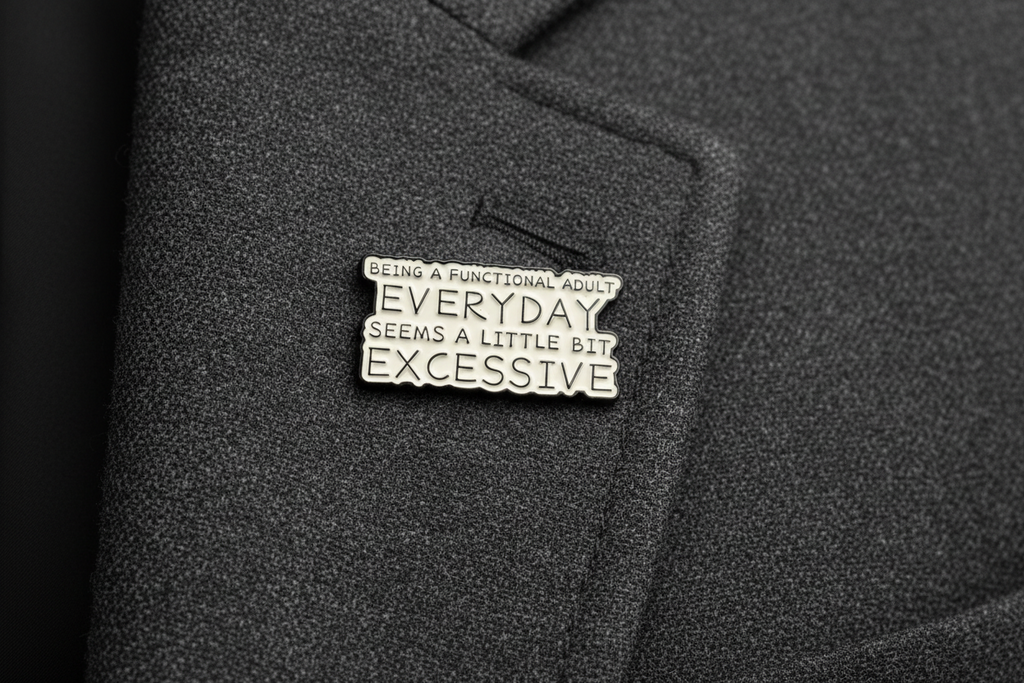 Metallic badge with text on a gray fabric lapel