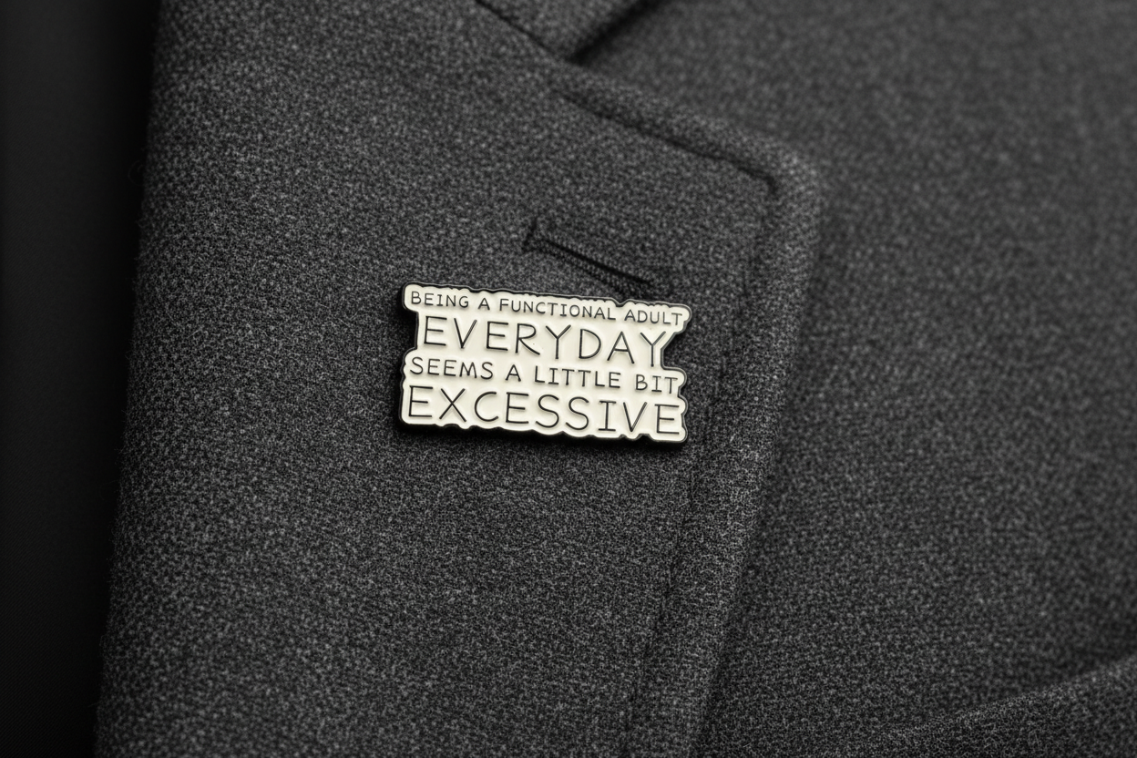 Metallic badge with text on a gray fabric lapel