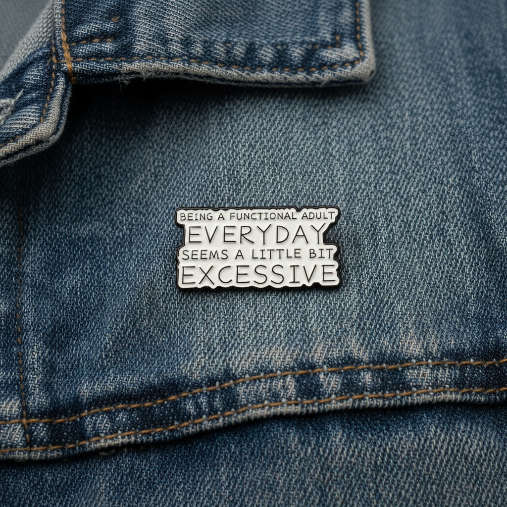 Being a functional adult everyday enamel pin worn on denim jacket lapel, funny pin style for everyday wear