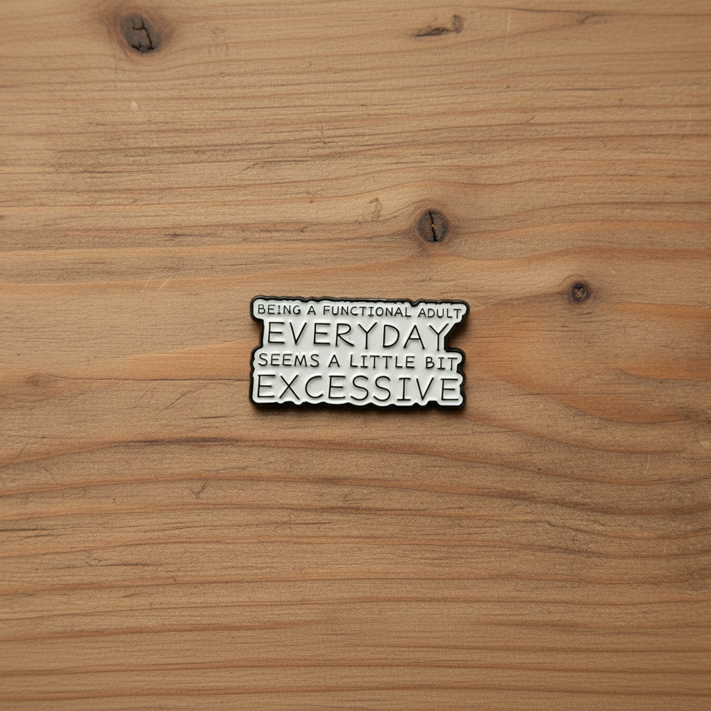 Being a functional adult everyday enamel pin on wood background sassy enamel pin with white and black text detail