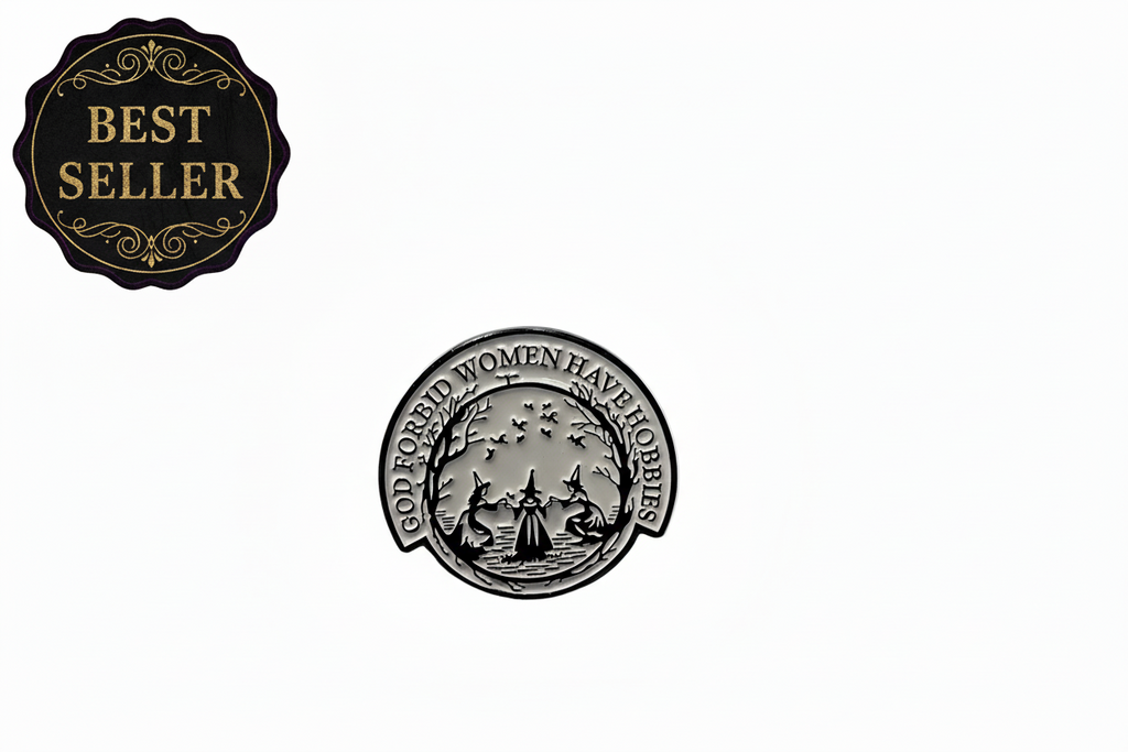 God forbid women have hobbies enamel pin, featuring a spooky forest witch design, alternative style enamel pin for goths