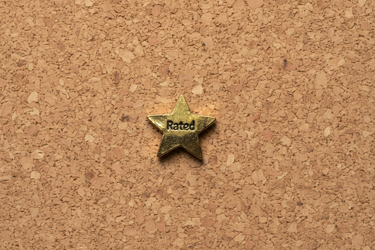 Gold star-shaped object with 'i tried ' engraved on a cork background