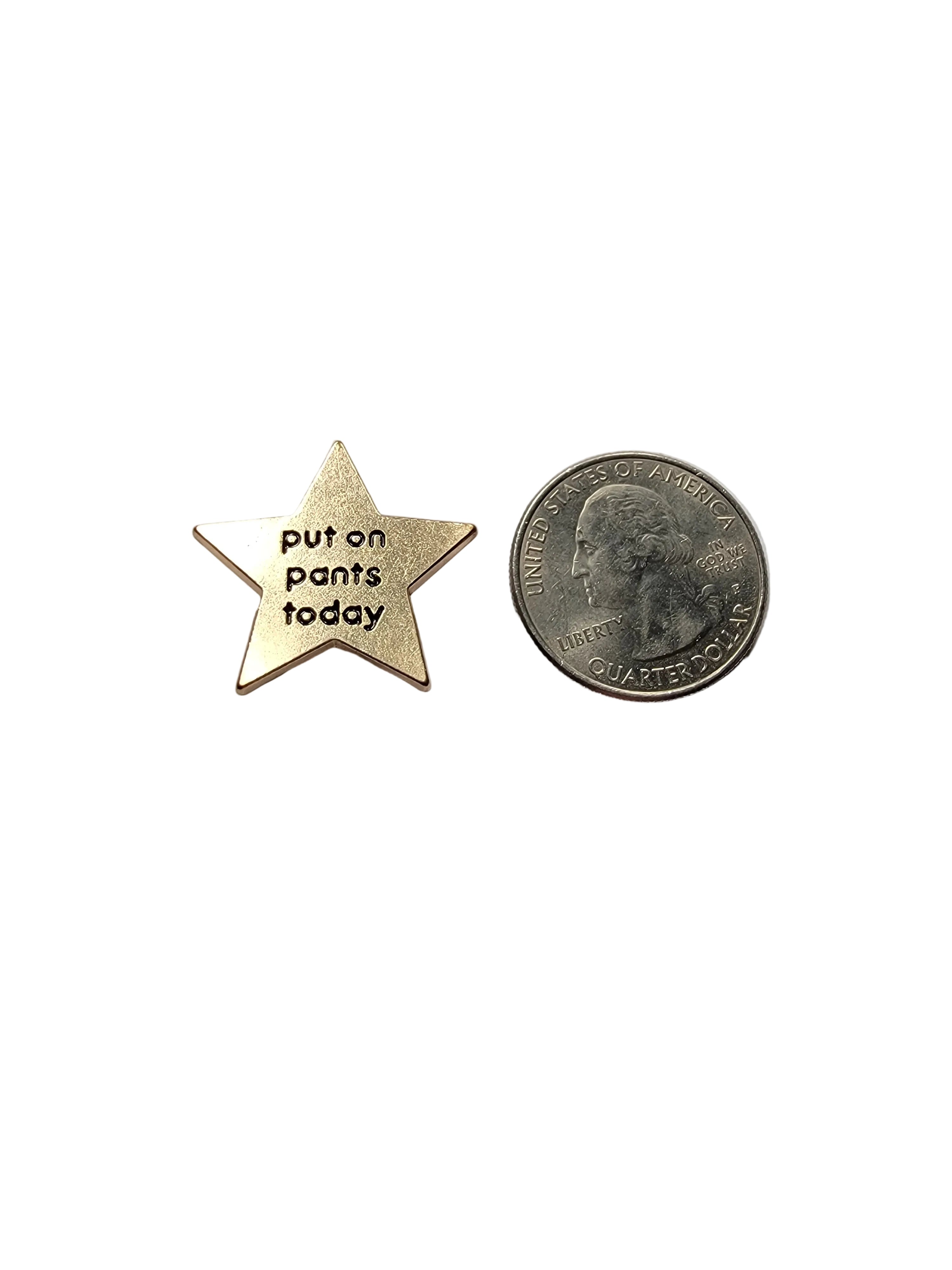 Star-shaped gold star with text next to a coin on a white background