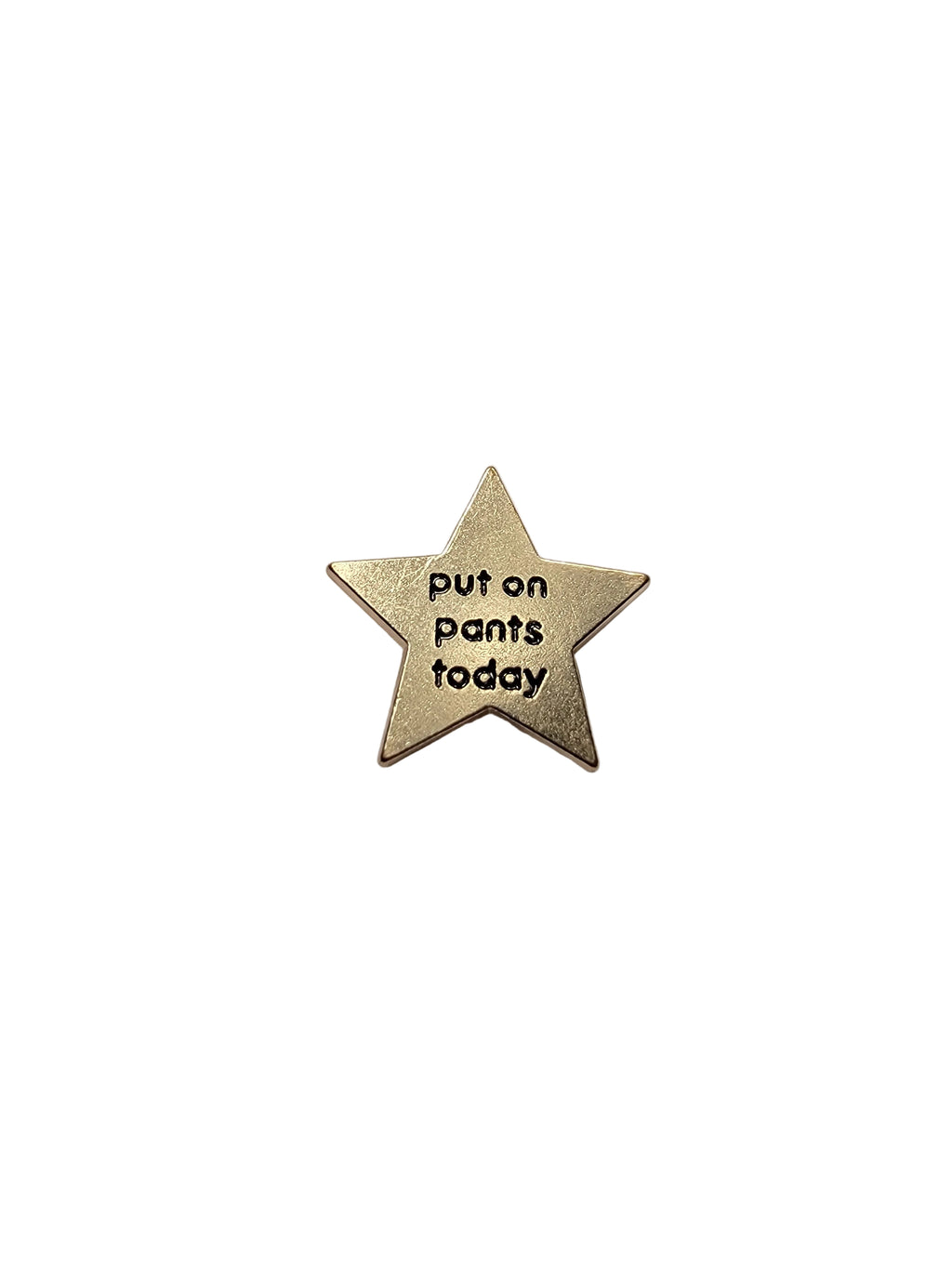 Gold star-shaped pin with text on a gray background
