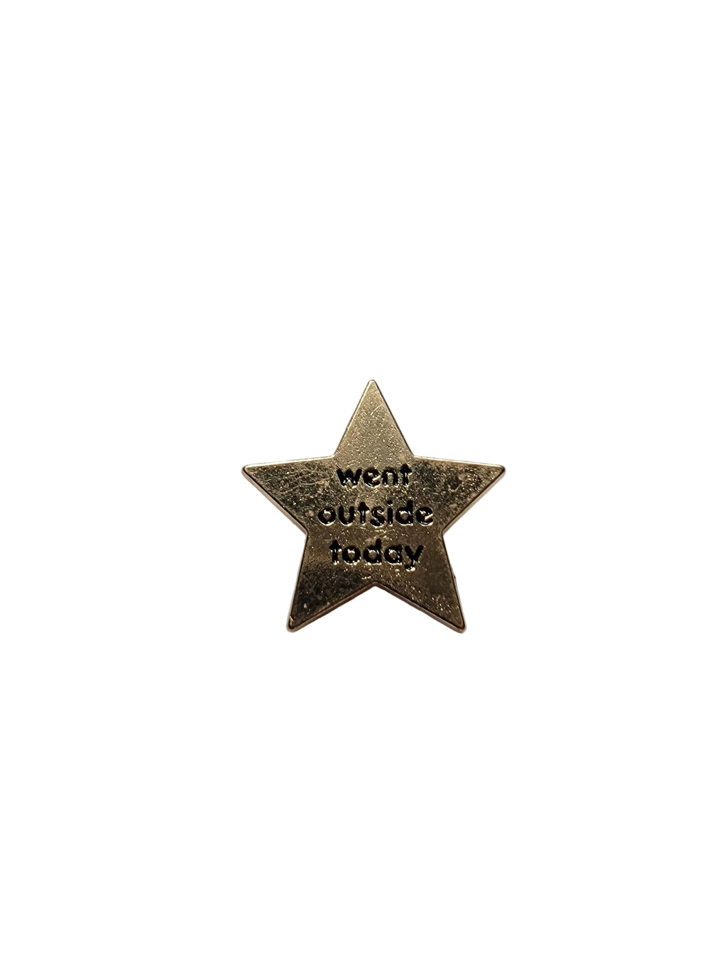 Bronze star-shaped pin with engraved text on a white background