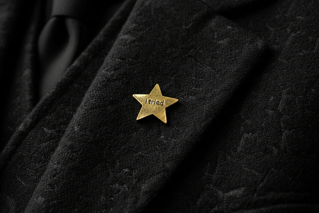 Gold star-shaped pin with 'i tried' engraved on a black fabric