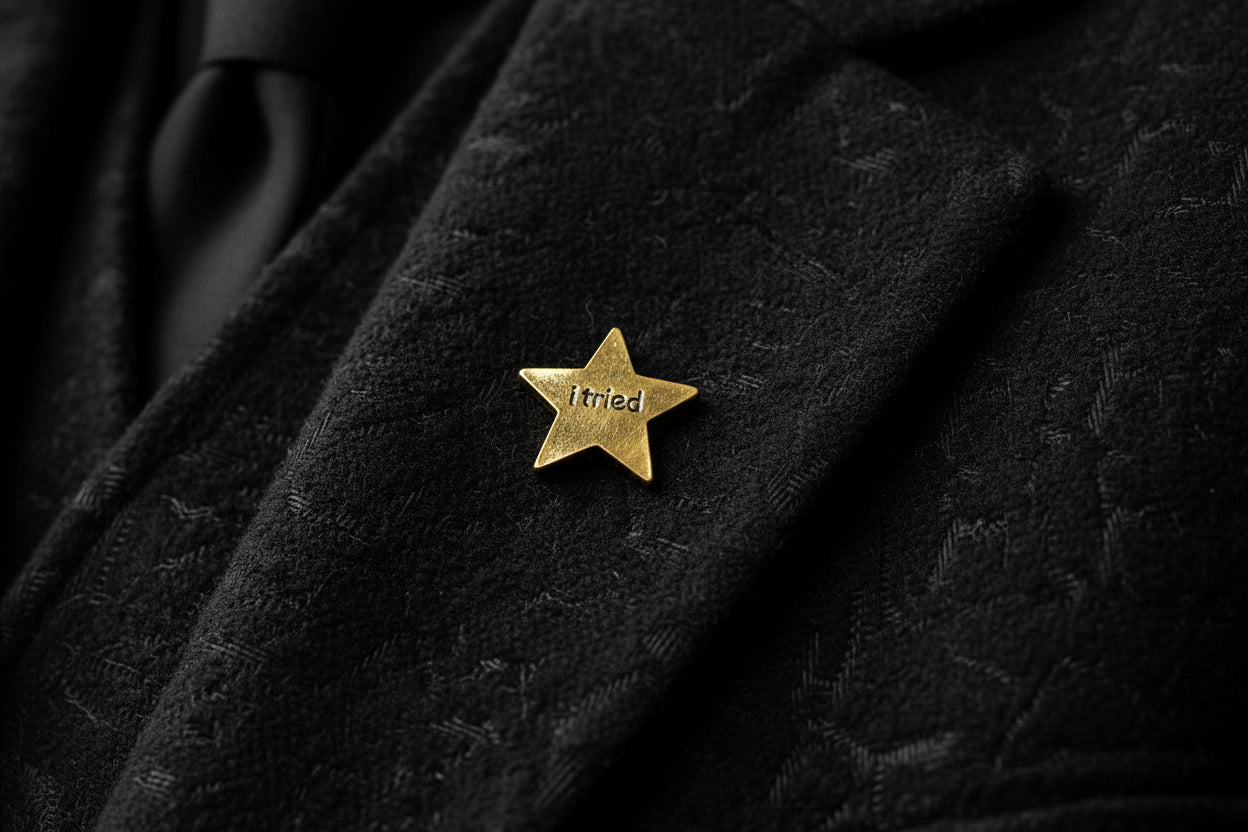 Gold star-shaped pin with 'i tried' engraved on a black fabric