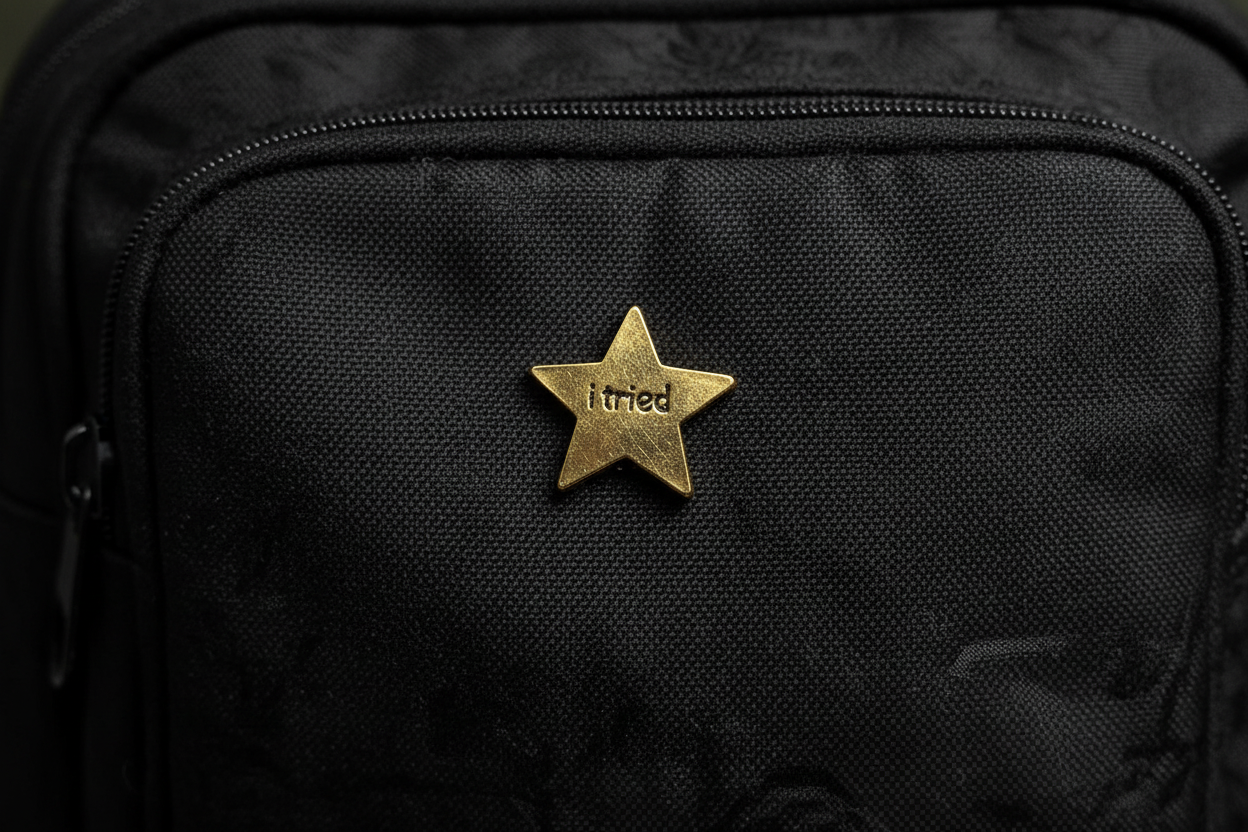 Gold star-shaped object with 'i tried ' engraved on a black fabric background