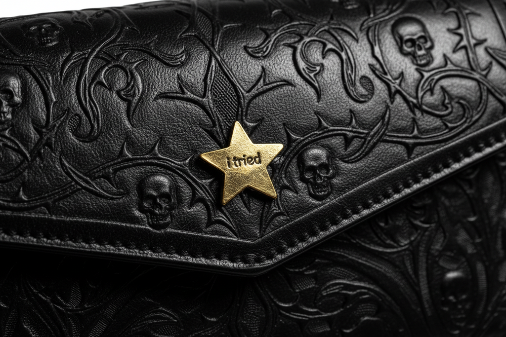 Gold star-shaped object with 'i tried ' engraved on a black purse background