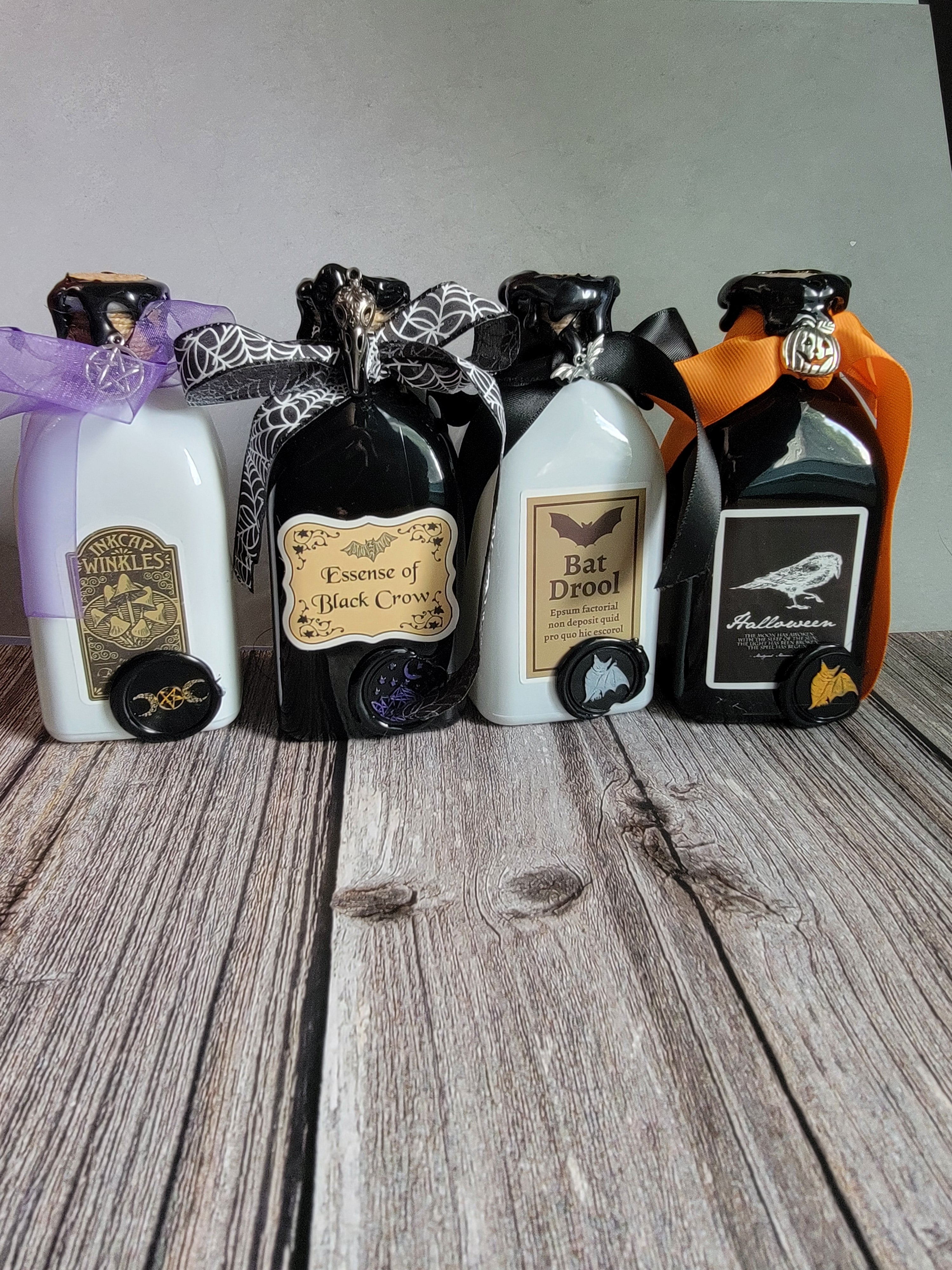 Halloween decor bottles perfect for goths, witches and anyone who enjoys witchy aesthetics. 