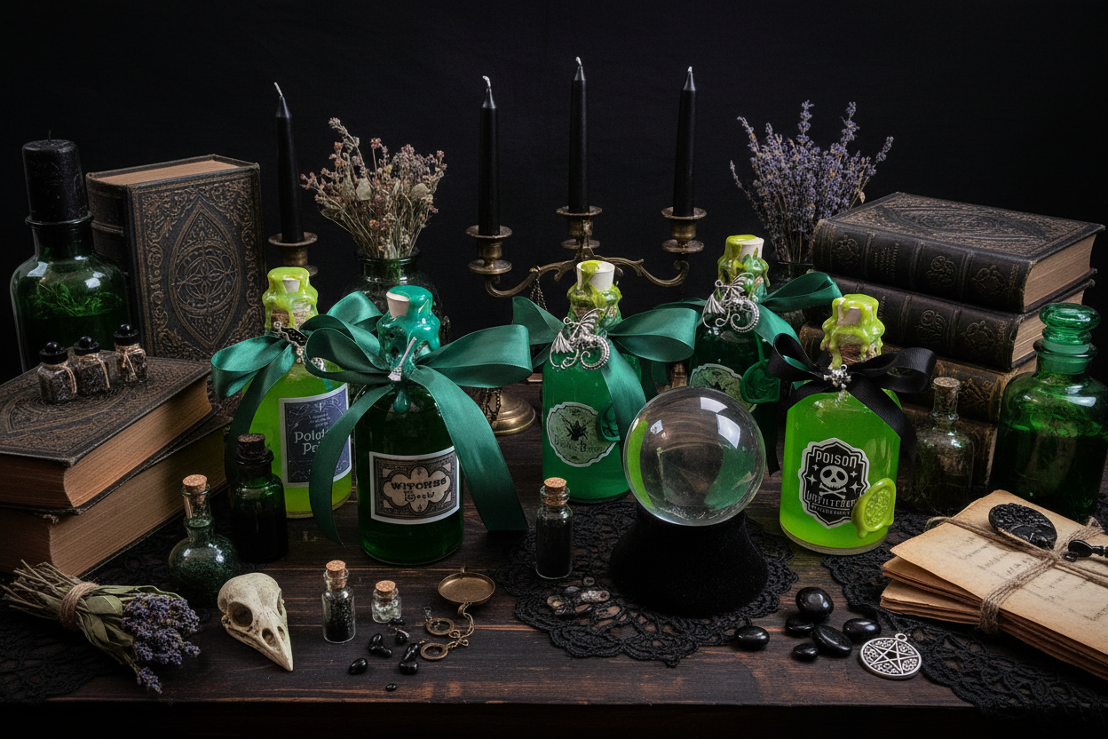 Decorative green bottles with ribbons and labels on a gothic background