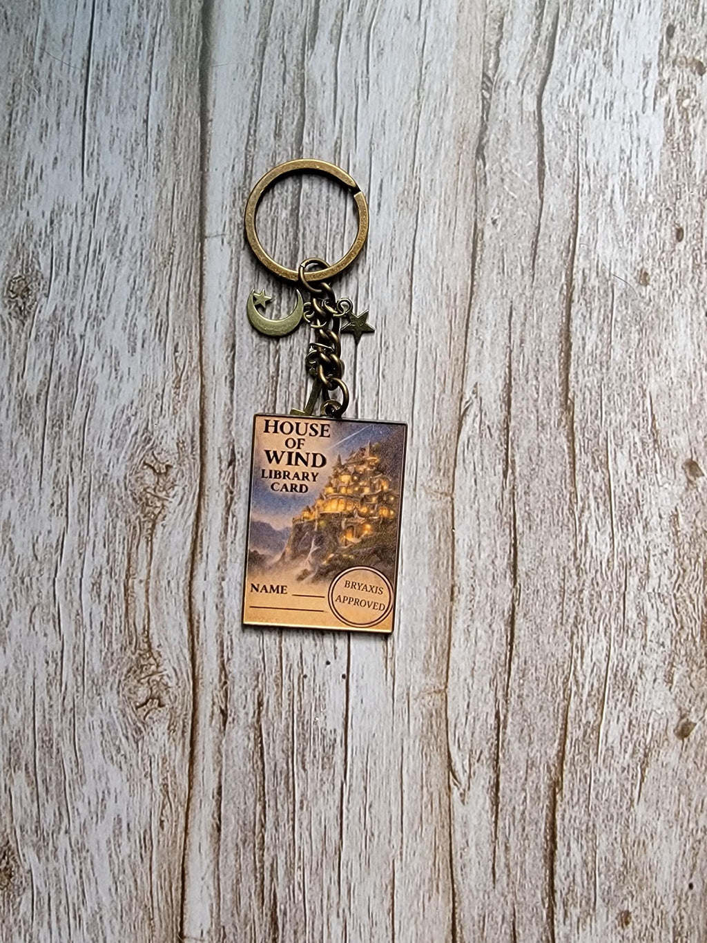 Keychain with a tag on a wooden surface