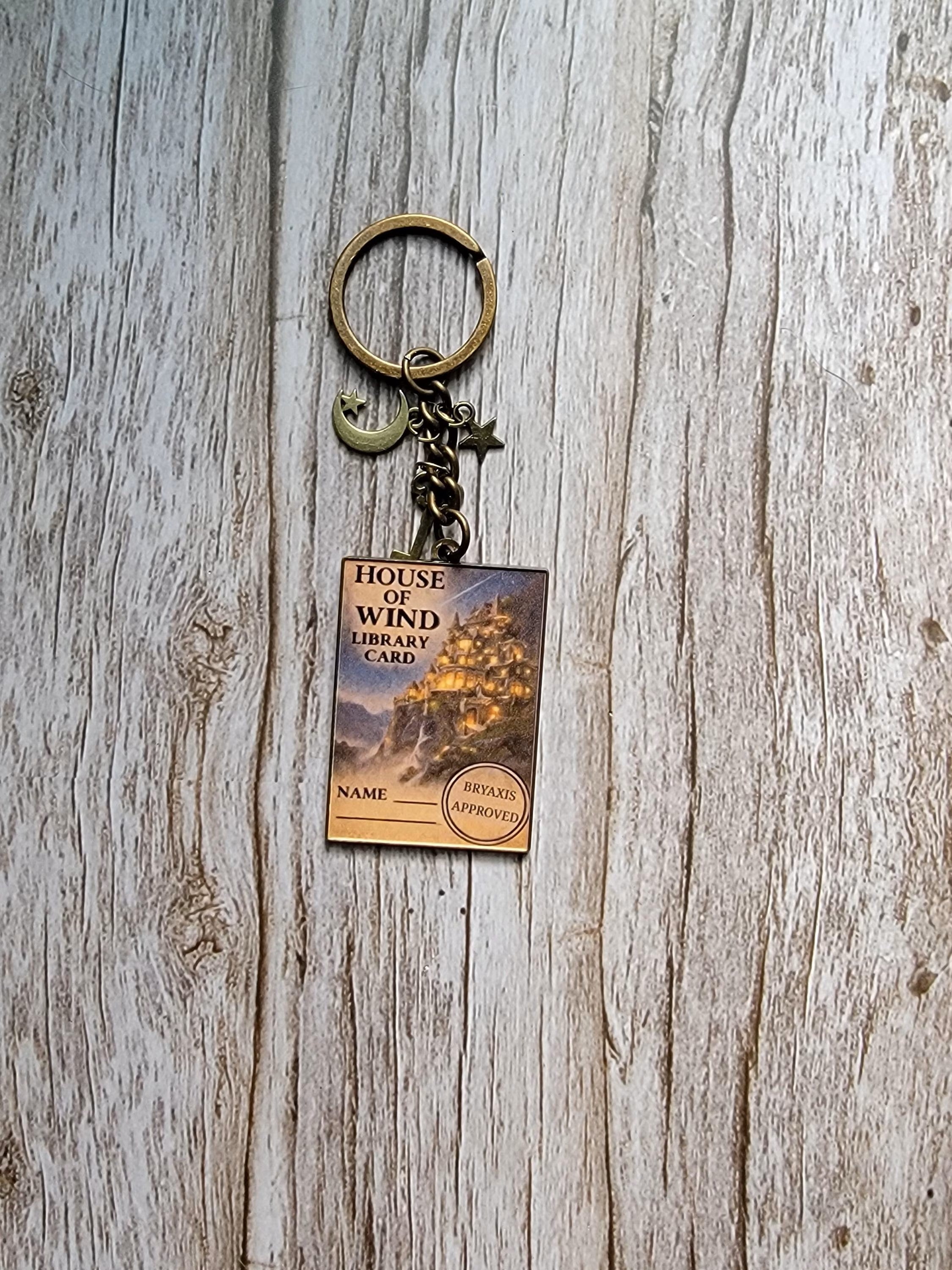 Keychain with a tag on a wooden surface