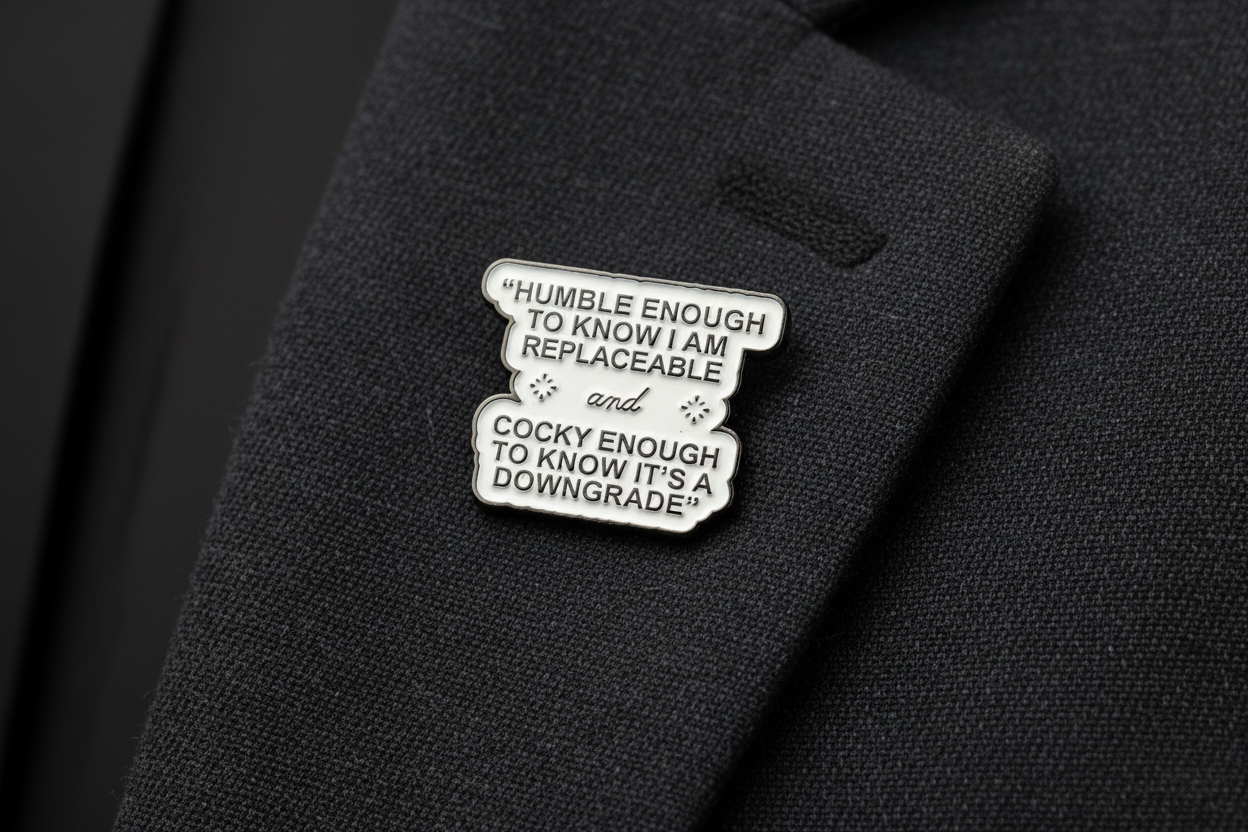 white enamel pin with black text on a gray lapel background
