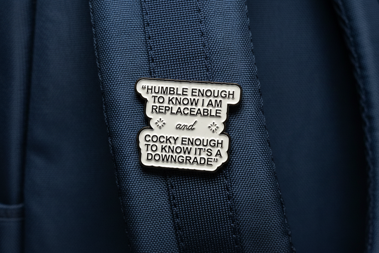 white enamel pin with black text on a navy bookbag background
