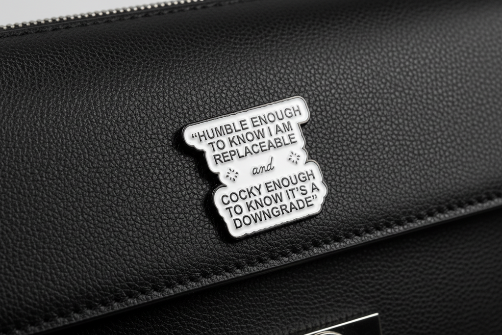 white enamel pin with black text on a black purse background

