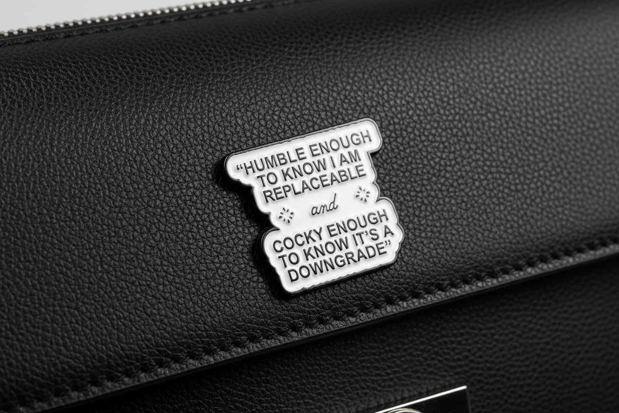 white enamel pin with black text on a black purse background
