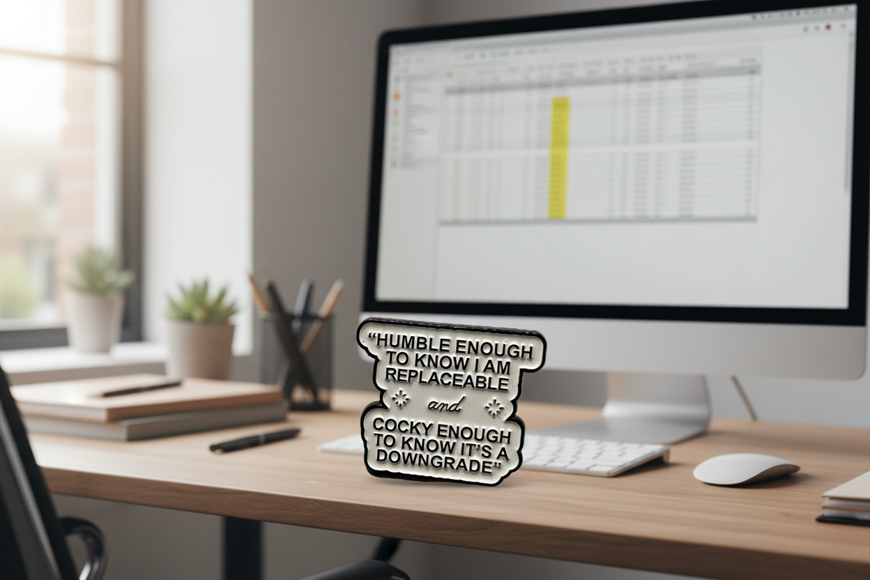 white enamel pin with black text on a office background
