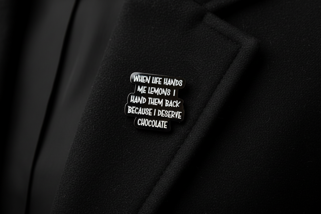 a black pin with white text with a funny quote on a black lapel background