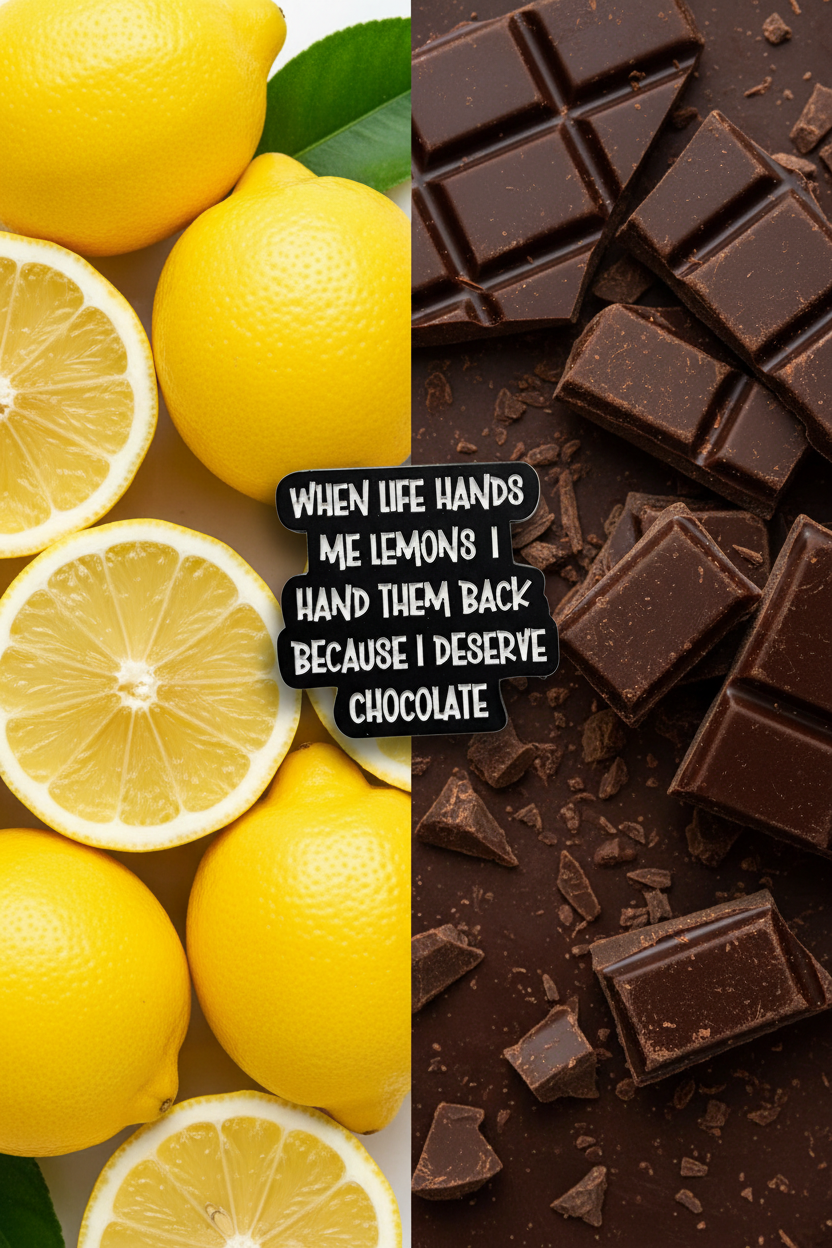 a black pin with white text with a funny quote on a lemon and chocolate background