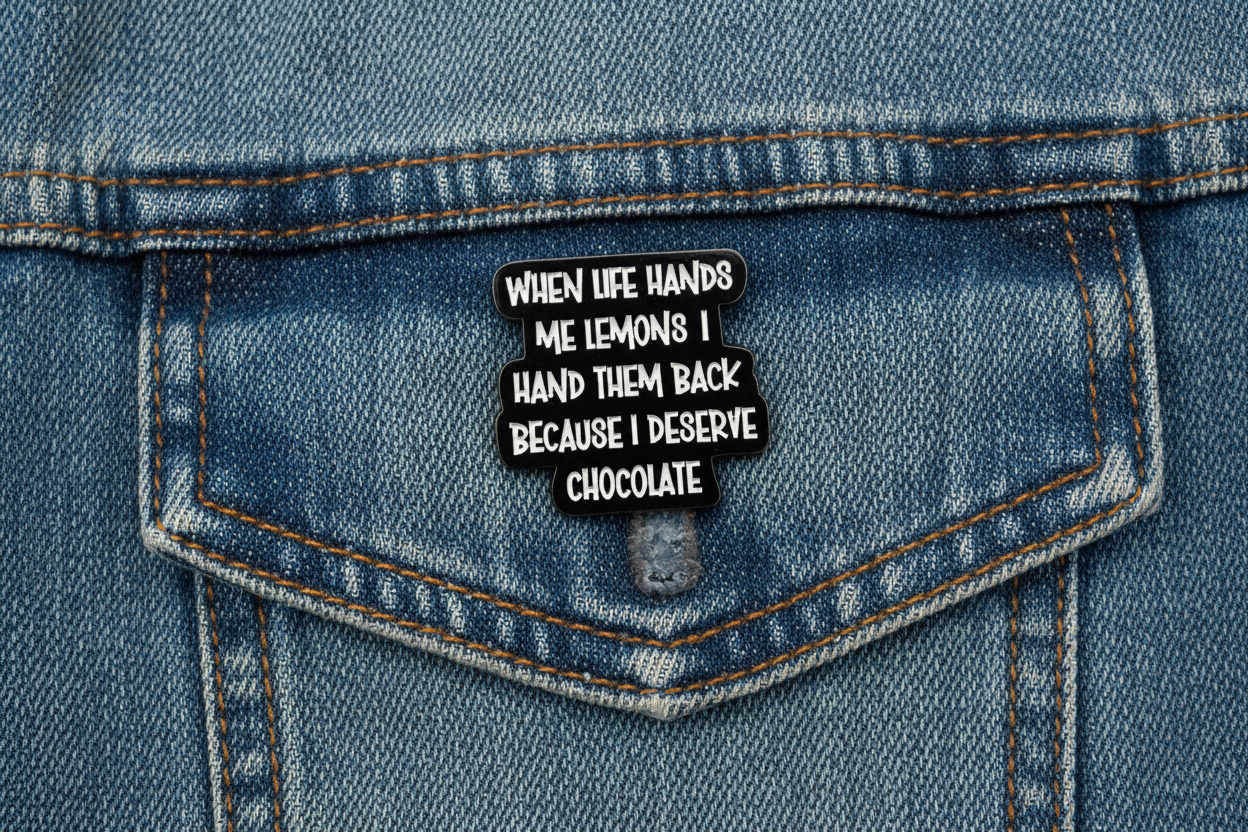 a black pin with white text with a funny quote on a denim background